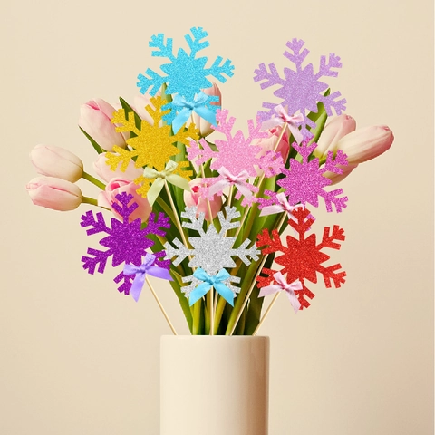 Glitter Snowflake Cake Toppers Vase Decorative Sticks With Ribbon Bows For Christmas Birthday Wedding Winter Party Decor