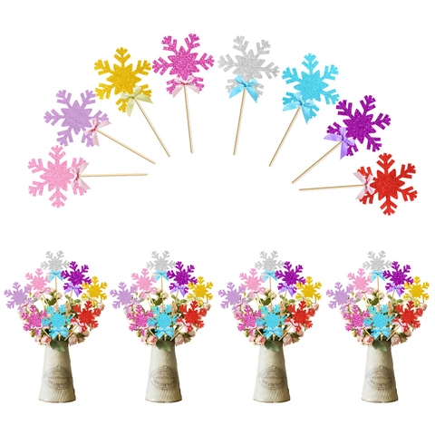 Glitter Snowflake Cake Toppers Vase Decorative Sticks With Ribbon Bows For Christmas Birthday Wedding Winter Party Decor