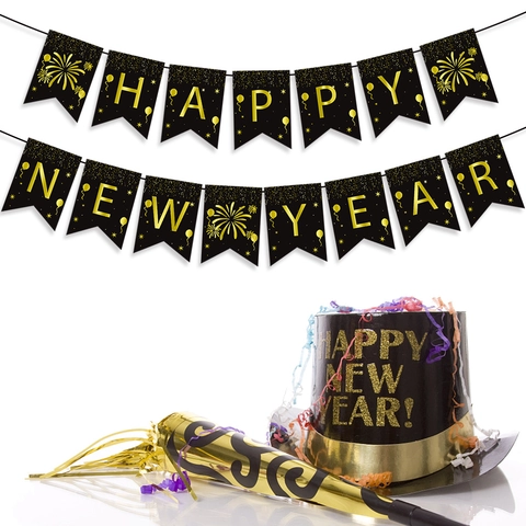 Banner Happy New Year E Cupcake Topper Carta Lamina Oro Bronzo Decorazione Articoli Per Feste 2026 Countdown DIY Nero Oro