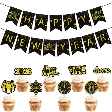 Banner Happy New Year E Cupcake Topper Carta Lamina Oro Bronzo Decorazione Articoli Per Feste 2026 Countdown DIY Nero Oro