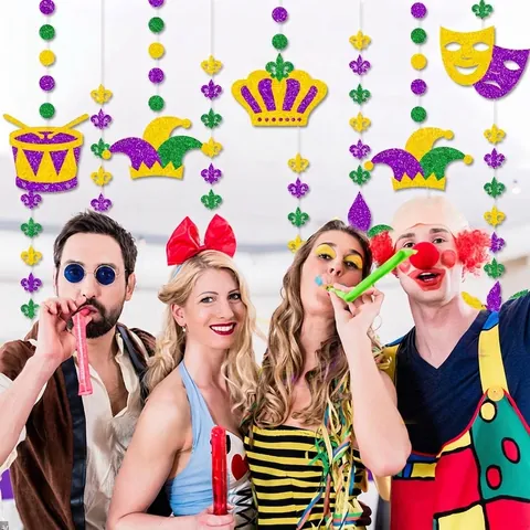Mardi Gras Hängende Ornamente Glitzer Papier Karneval Dekorationen Maske Krone Fleur-de-lis Lila Grün Gold Party Deko