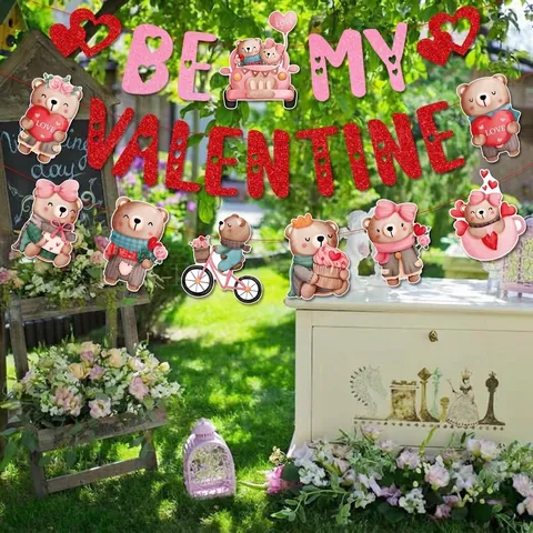 Valentine Day Cartoon Bear Banner Heart Spiral Pendant Glitter Paper Hanging Decoration Romantic Proposal Wedding Party Ornament