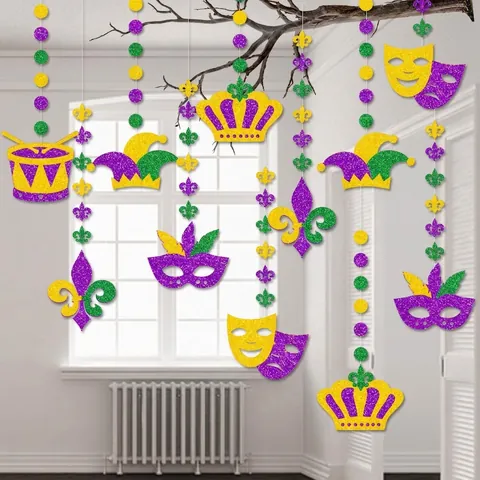 Mardi Gras Hängende Ornamente Glitzer Papier Karneval Dekorationen Maske Krone Fleur-de-lis Lila Grün Gold Party Deko