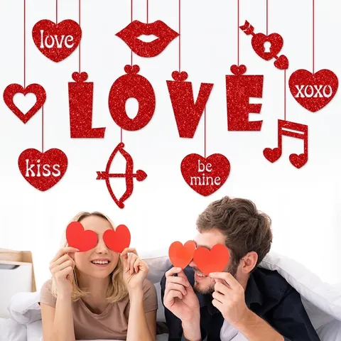 Rood Glitterpapier Valentijnsdag Hangende Decoraties Liefdesbrieven Hart Lip Cupido Pijl Ornamenten Voor Huwelijksaanzoek Bruiloft