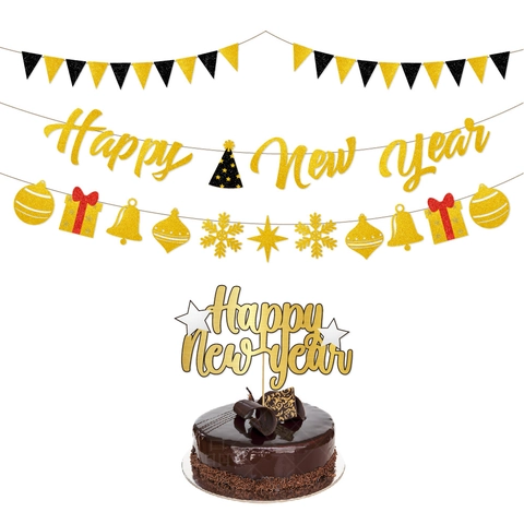 Happy New Year Banner Glitter Paper Hanging Flags And Cake Topper Festive Party Decor Gold Black Decoration