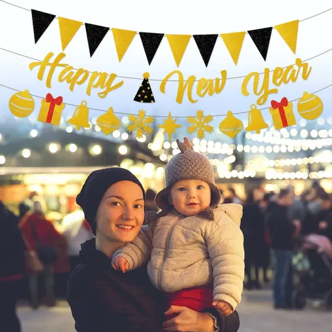 Happy New Year Banner Glitter Paper Hanging Flags And Cake Topper Festive Party Decor Gold Black Decoration