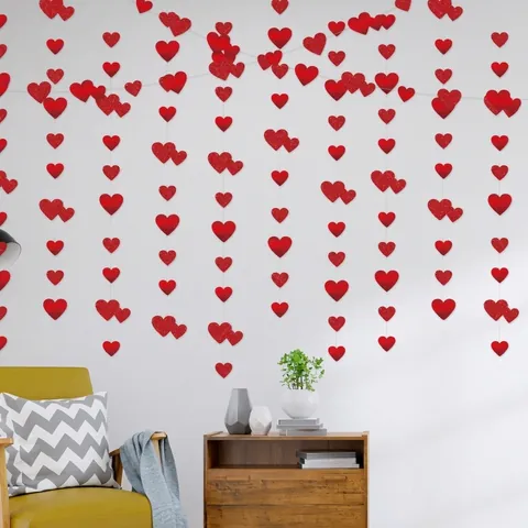 Ghirlanda Di Cuori Rossi Decorazione Sospesa San Valentino Carta Lucida Glitterata Banner Matrimonio Sfondo Romantico