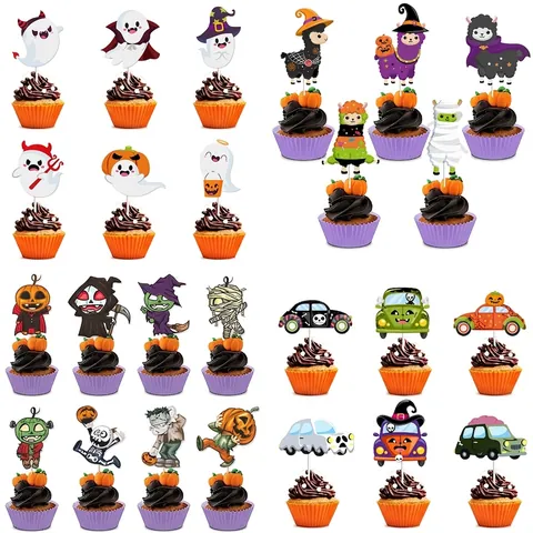 Halloween Cupcake Toppers Paper Cartoon Ghost Unicorn Animal DIY Dessert Decoration Party Favors