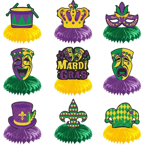 Décorations De Table En Nid D'Abeille Pour Mardi Gras En Papier Carton Pour Carnaval Fête D'Anniversaire Violet Vert Or