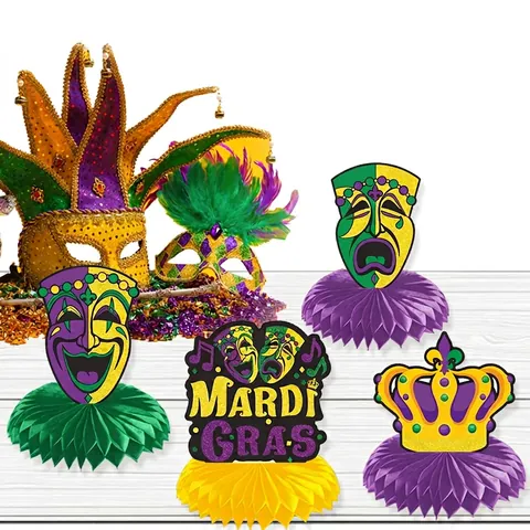 Décorations De Table En Nid D'Abeille Pour Mardi Gras En Papier Carton Pour Carnaval Fête D'Anniversaire Violet Vert Or