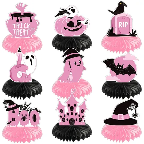 Centre De Table Halloween En Papier Alvéolé Carton Rose Noir Fantôme Citrouille Château Chauve-Souris Tombe Décorations De Fête Anniversaire Effrayantes
