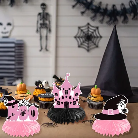 Centre De Table Halloween En Papier Alvéolé Carton Rose Noir Fantôme Citrouille Château Chauve-Souris Tombe Décorations De Fête Anniversaire Effrayantes
