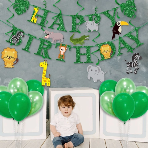 Jungle Animal Birthday Party Decoration Set Green Glitter Happy Birthday Banner Forest Theme Spiral Hangings Latex Balloons