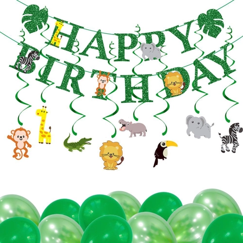 Jungle Animal Birthday Party Decoration Set Green Glitter Happy Birthday Banner Forest Theme Spiral Hangings Latex Balloons