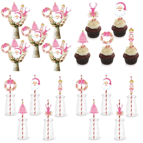 Kerst Taart Toppers Roze Karton Feestdecoratie Rietje Inzetstukken Voor Vakantie Kerstman Notenkraker Rendier Stijl