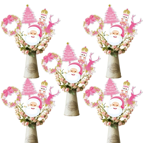 Kerst Taart Toppers Roze Karton Feestdecoratie Rietje Inzetstukken Voor Vakantie Kerstman Notenkraker Rendier Stijl