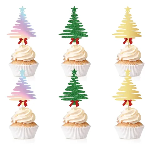 Christmas Tree Cupcake Toppers Glitter Cardstock Star Top Red Ribbon Bow DIY Holiday Party Baking Decorations