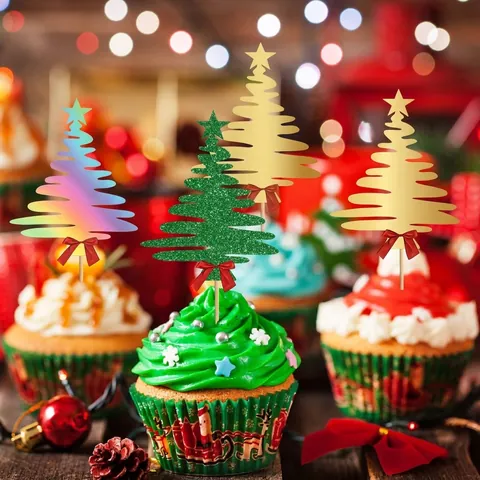Christmas Tree Cupcake Toppers Glitter Cardstock Star Top Red Ribbon Bow DIY Holiday Party Baking Decorations