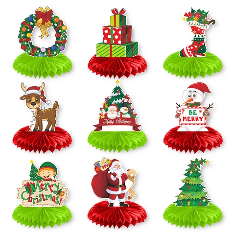 Centres De Table En Papier Nid Abeille Noël Décoration Bureau Père Noël Bonhomme Neige Rennes Fête Coloré