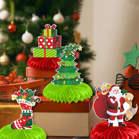 Centres De Table En Papier Nid Abeille Noël Décoration Bureau Père Noël Bonhomme Neige Rennes Fête Coloré