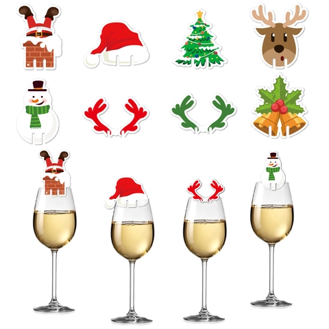 Christmas Wine Glass Decorative Cards Cardboard Cup Rim Ornaments Holiday Party Table Decoration Santa Reindeer Snowman