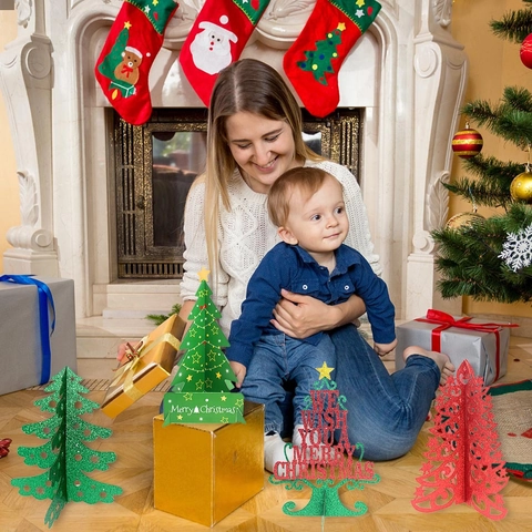 Christmas Tree Desktop Ornaments Glitter Cardboard 3D Laser Cut Hollow Design For Xmas Party Home Table Decor