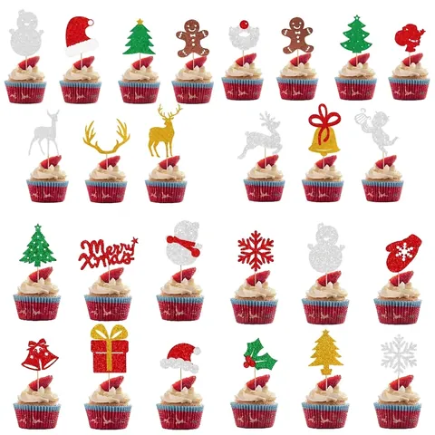 Christmas Cupcake Toppers Glitter Cardstock Cake Decorating Insert Picks For Holiday Party Dessert Table Decoration