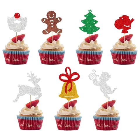 Christmas Cupcake Toppers Glitter Cardstock Cake Decorating Insert Picks For Holiday Party Dessert Table Decoration