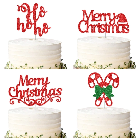 Christmas Cake Topper Glitter Cardstock Merry Christmas Ho Ho Ho Reindeer Candy Cane Holiday Party Dessert Decor
