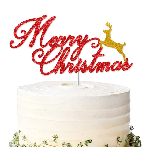 Christmas Cake Topper Glitter Cardstock Merry Christmas Ho Ho Ho Reindeer Candy Cane Holiday Party Dessert Decor