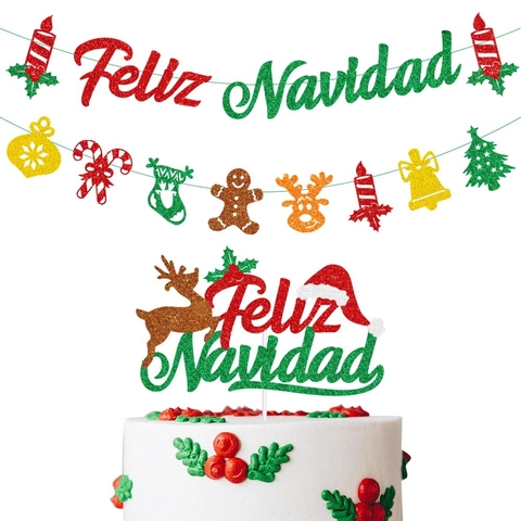 Spanisches Feliz Navidad Weihnachtsbanner Und Tortenaufsatz Glitzer Karton Festliche Feiertagsparty Dekorationen