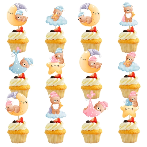 Cartoon Bear Cupcake Toppers Paper Cake Decorating Inserts For Baby Shower First Birthday Party Moon Star Cloud Cute