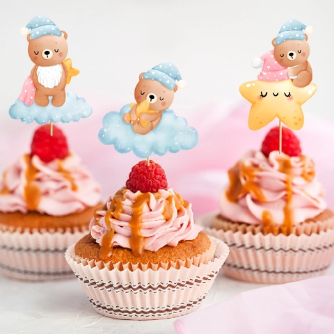 Cartoon Bear Cupcake Toppers Paper Cake Decorating Inserts For Baby Shower First Birthday Party Moon Star Cloud Cute