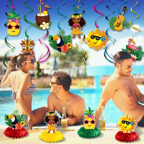 Set di Decorazioni per Feste Luau Hawaiane Ornamenti Appesi a Spirale in Carta e Centrotavola a Nido d'Ape Tema Fenicottero Tropicale Ananas Tiki Decor