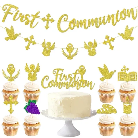 Banner Prima Comunione E Decorazione Torta Glitter Oro Decorazione Festa Religiosa Battesimo