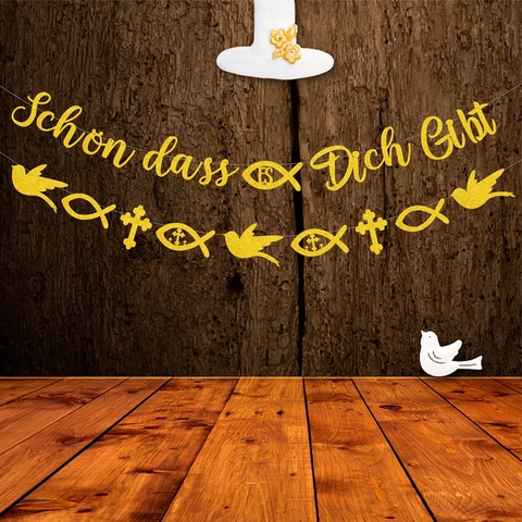 German First Holy Communion Decoration Gold Glitter Banner Cake Toppers For Baptism Confirmation Celebration Party