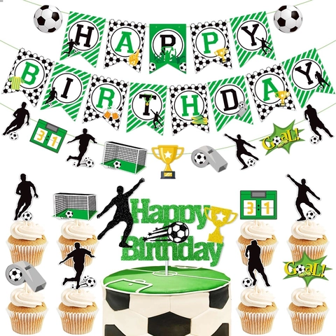 Soccer Theme Birthday Party Decoration Happy Birthday Banner And Cake Toppers Paper Glitter World Cup Style