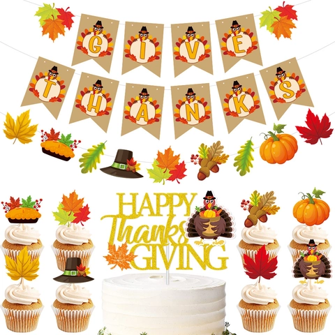 Thanksgiving Party Decoration Turkey Pumpkin Maple Leaf Give Thanks Cardboard Banner And Glitter Cake Toppers Autumn Harvest
