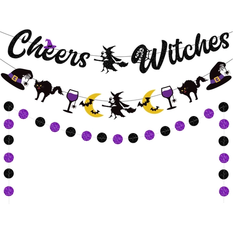 Banner Di Halloween Decorazione Appesa Carta Glitterata Cheers Witches Strega Gatto Nero Luna Ornamento Per Feste