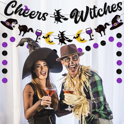 Banner Di Halloween Decorazione Appesa Carta Glitterata Cheers Witches Strega Gatto Nero Luna Ornamento Per Feste