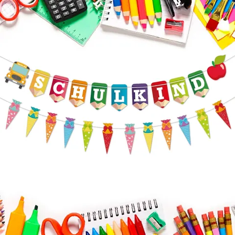 Schulkind Back To School Banner Decoration Colorful Pencil Shape Garland For German School Enrollment Classroom Party