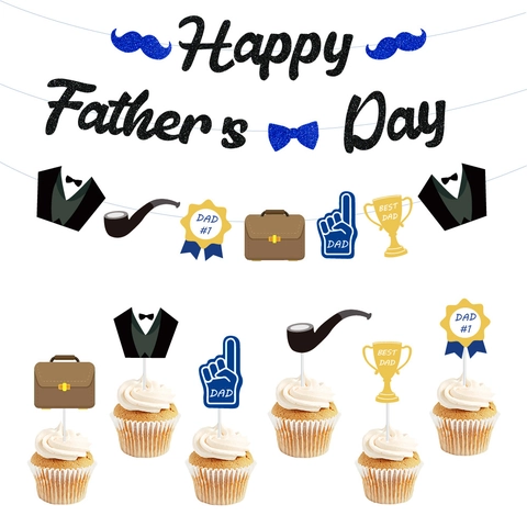 Banner Felice Festa Del Papà Carta Glitterata Decorazioni Appese Baffi Cravatta Cupcake Toppers Blu Oro Festa Forniture