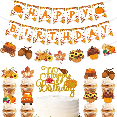 Autumn Birthday Banner And Cake Toppers Pumpkin Maple Leaf Turkey Harvest Theme Party Paper Hanging Decorations Garland