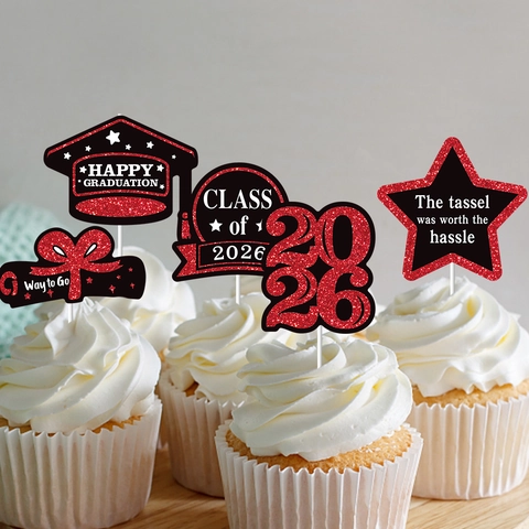 Class Of 2026 Graduation Cupcake Toppers Glitter Cardboard Doctor Hat Star Shape Party Cake Decoration For Graduate