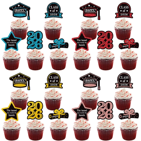 Class Of 2026 Graduation Cupcake Toppers Glitter Cardboard Doctor Hat Star Shape Party Cake Decoration For Graduate