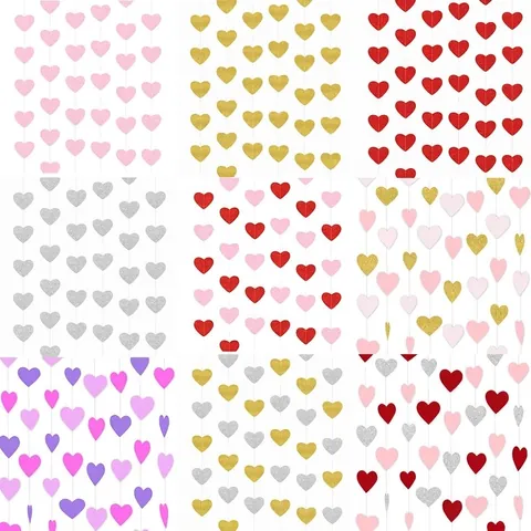 Heart Shape Hanging Garland Glitter Paper String For Valentine Day Wedding Party Room Decor Sparkling Bunting Banner