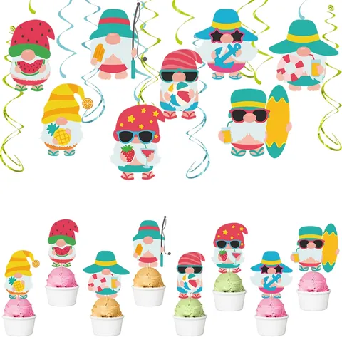 Decorazioni Festa Spiaggia Hawaii Estate Gnomo Frutta Tropicale Spirali Appese E Toppers Per Torta Carta PVC