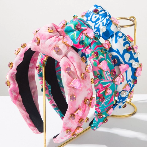 Bohemian Wide Knot Headband Fabric Tie Dye Retro Rhinestone Artificial Pearl Hairband For Women Party Vacation Hair Accessories