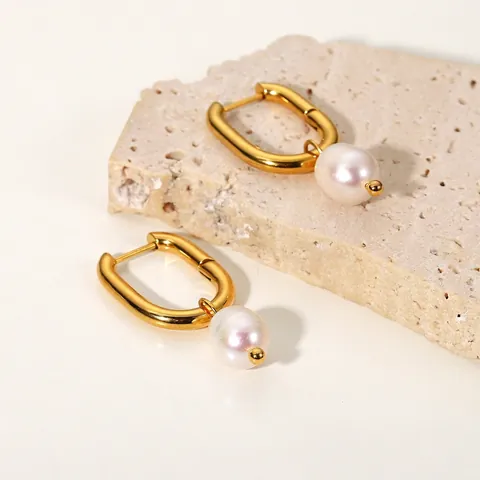 Stainless Steel Freshwater Pearl Hoop Earrings Gold U-Shaped Dangle Drop Earrings For Women Elegant Minimalist Jewelry