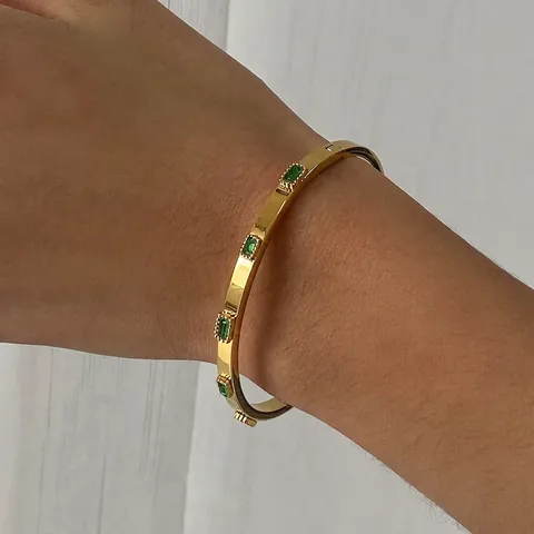 Brazalete Pulsera Acero Inoxidable Circón Rectángulo Verde Impermeable Hipoalergénico Joyería Moda Mujeres